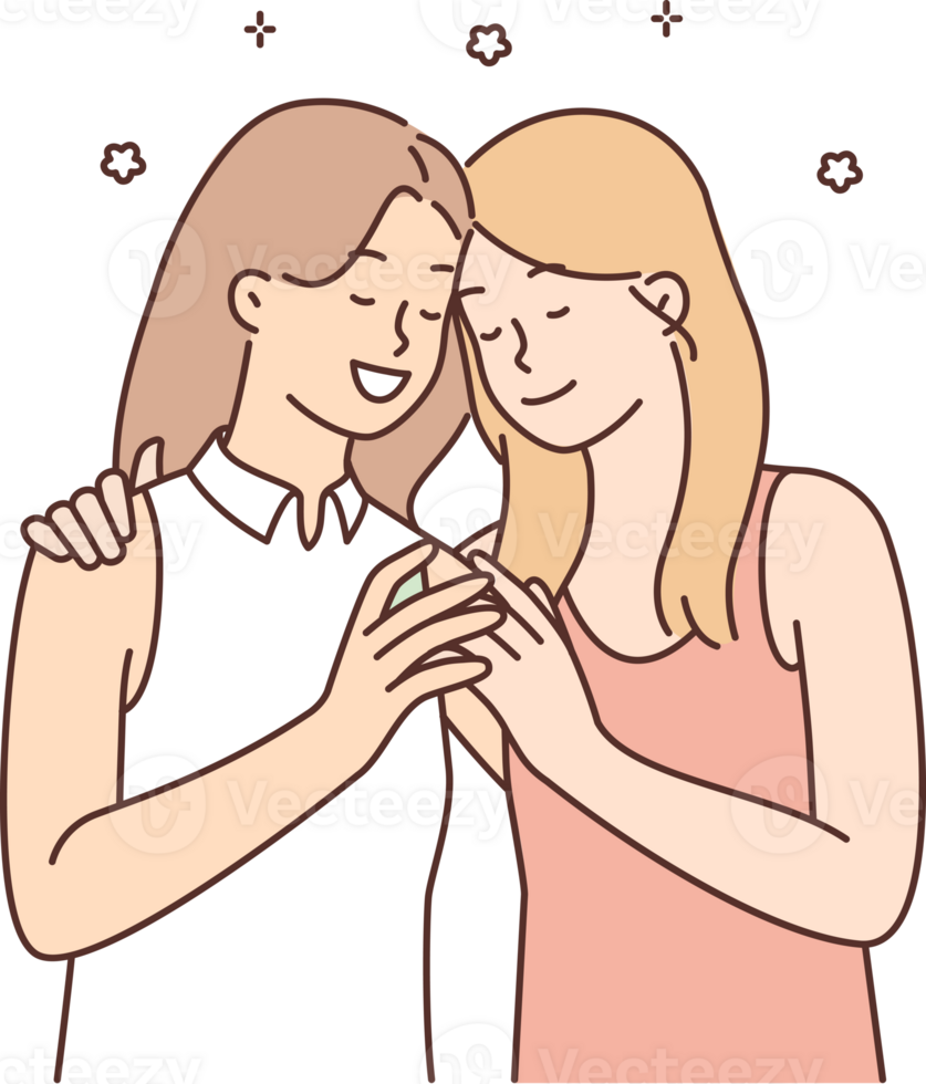 Loving lesbian couple of two women gently hugging and enjoying romantic relationships and dates png