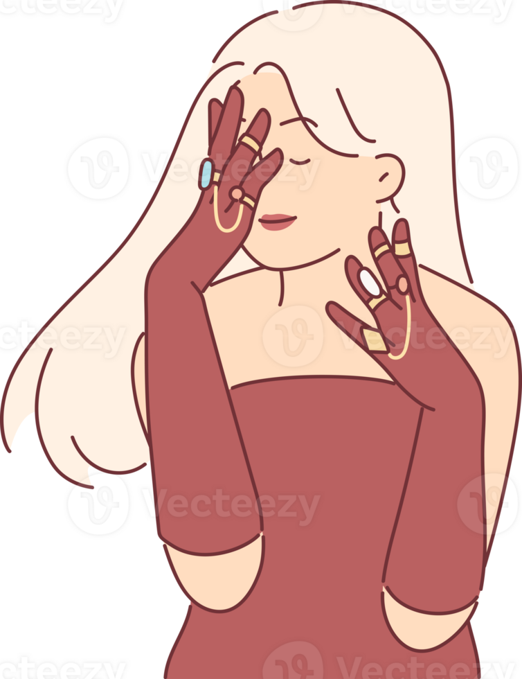 Elegant woman in evening dress covers face with hands, wanting to show off gold rings and jewelry png