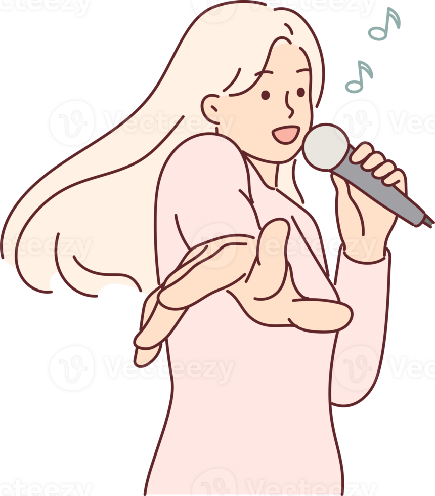 Woman with microphone sings in karaoke enjoying cool music party and stretching hands to screen png