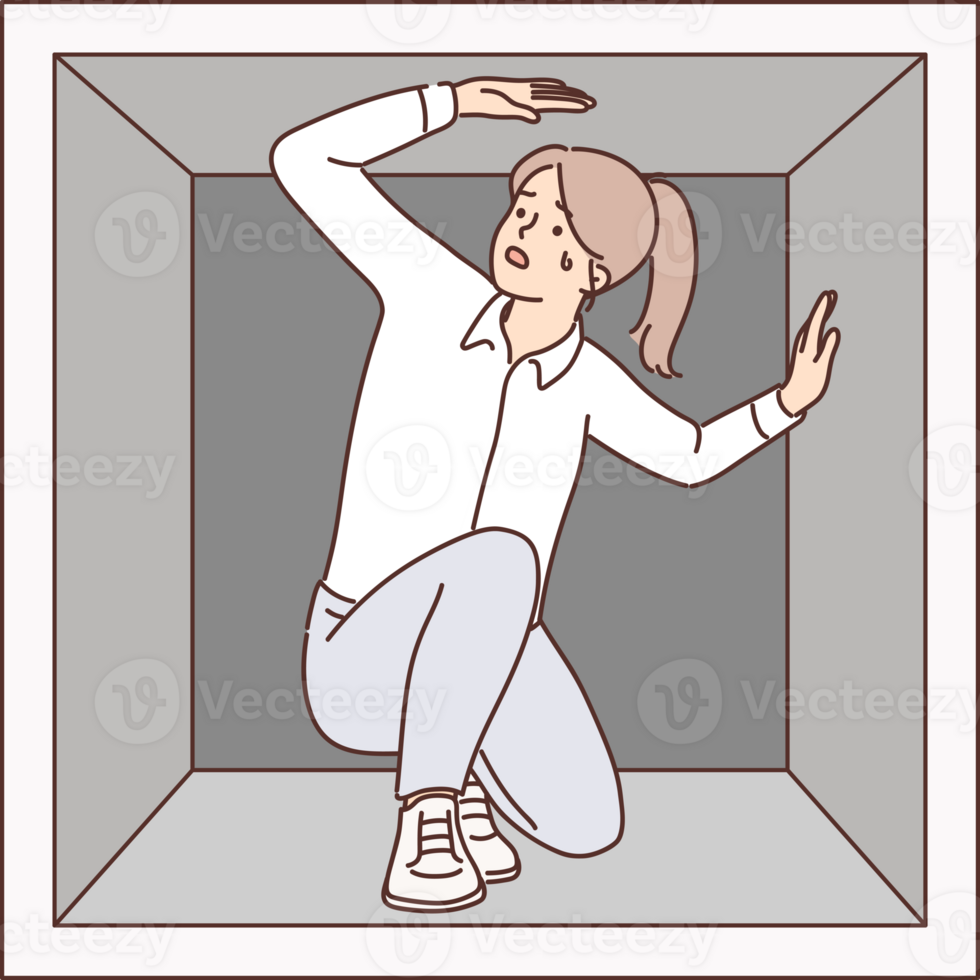 Discouraged woman is trapped sitting in small box experiencing claustrophobia and repressed