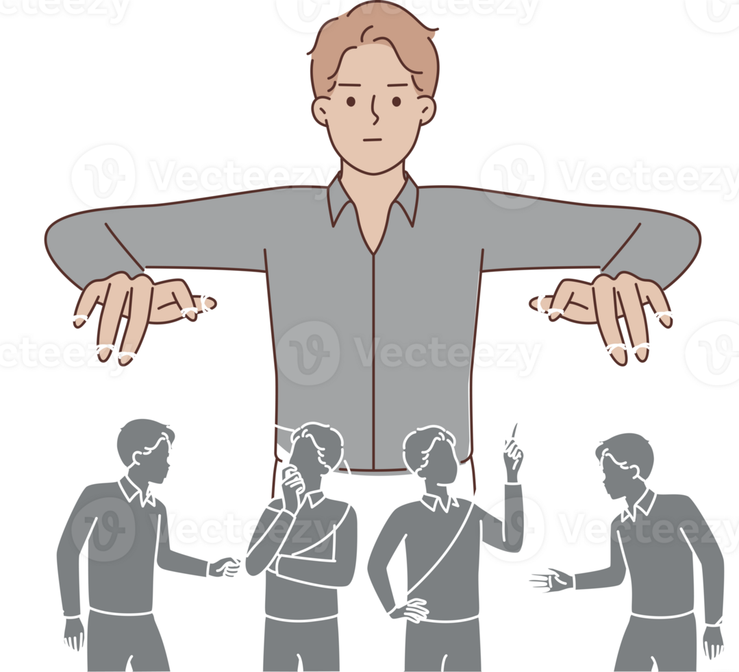 Man puppeteer manipulates people by controlling population with help of threads. png