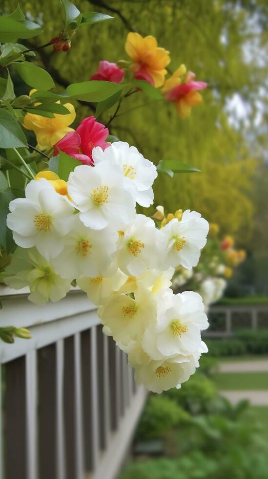 Chinese Suzhou garden, yellow red white begonia flower, petals high definition, detail, full of flowers, beautiful, background clearly visible white fence and windows, generate ai photo