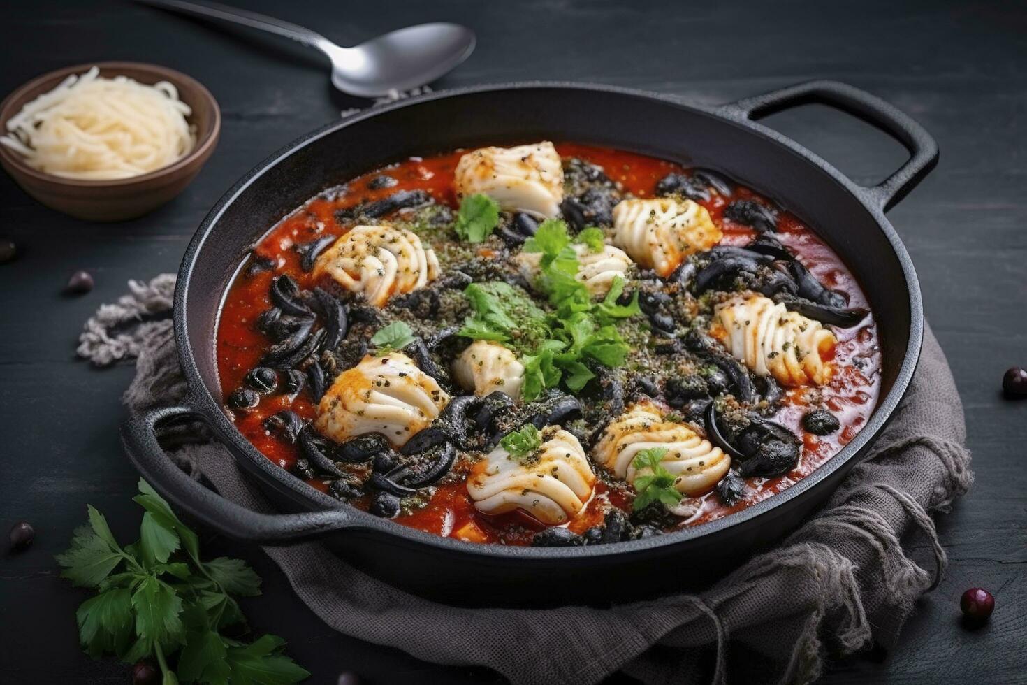 Traditional Italian spaghetti al nero di seppia with squid ink in tomato sauce served as close-up in a cast-iron pan on a wooden board, generate ai photo