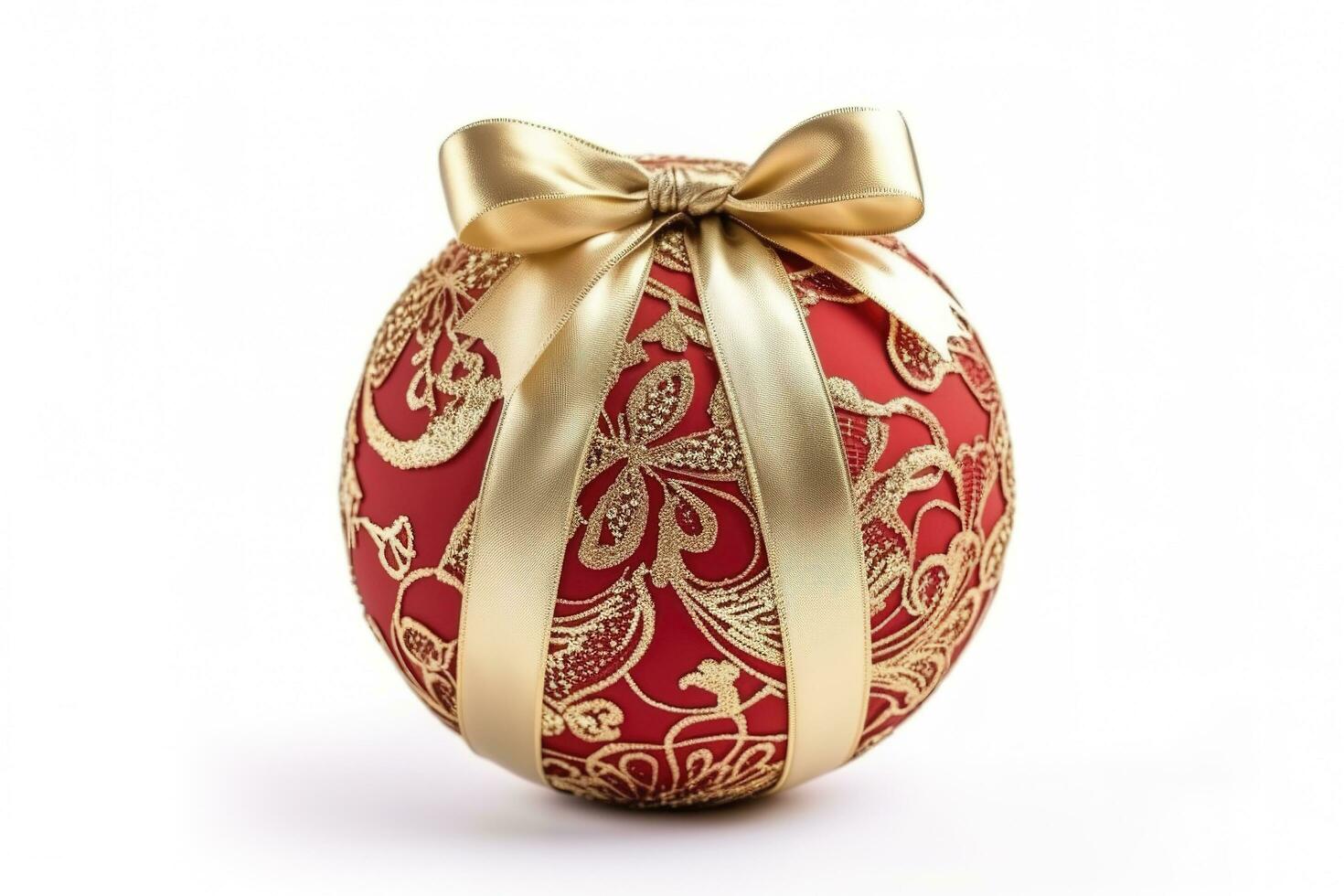 art Red Christmas ball with a beautiful bow and a golden pattern. christmas design element isolated on white background , generate ai photo