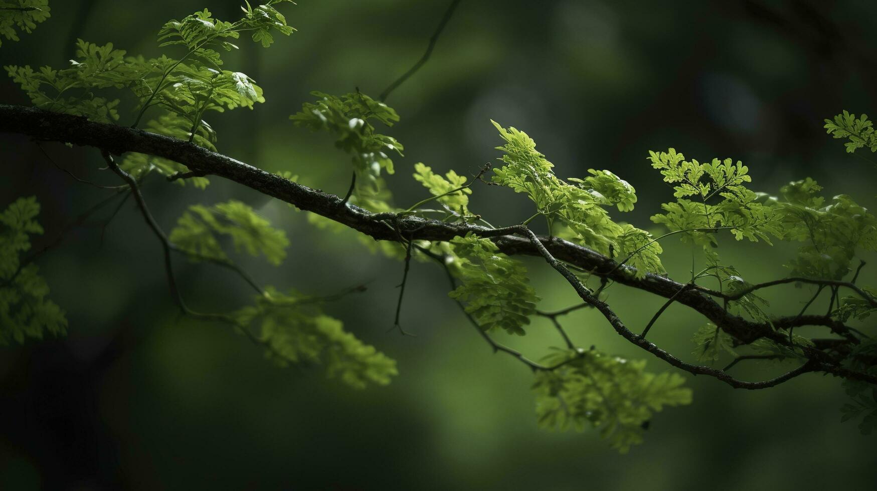 Earth Day and World Environment Day, Spring, Tropical tree leaves and branch with beautiful green forest background, generate ai photo