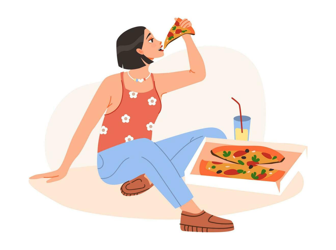 un hambriento mujer es comiendo Pizza. un niña con un rebanada de Pizza. dibujos animados plano vector ilustración