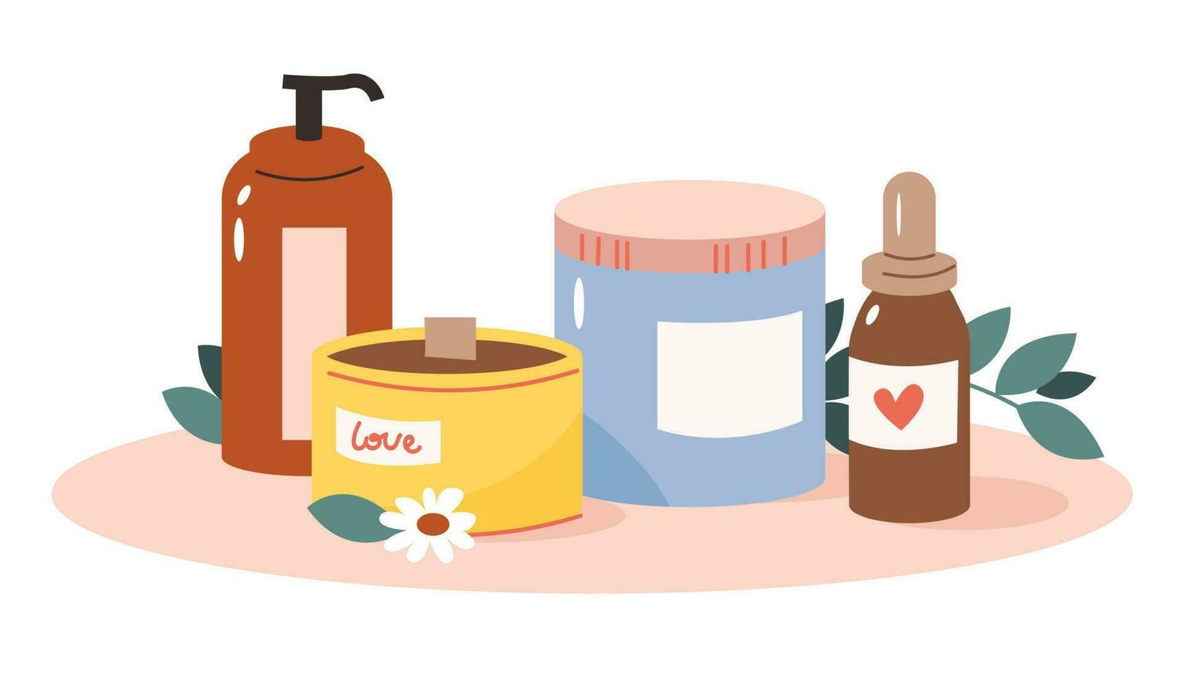 Cosmetic products for skin care. Cleansing, moisturizing, treating. Beauty product. Flat vector illustration.