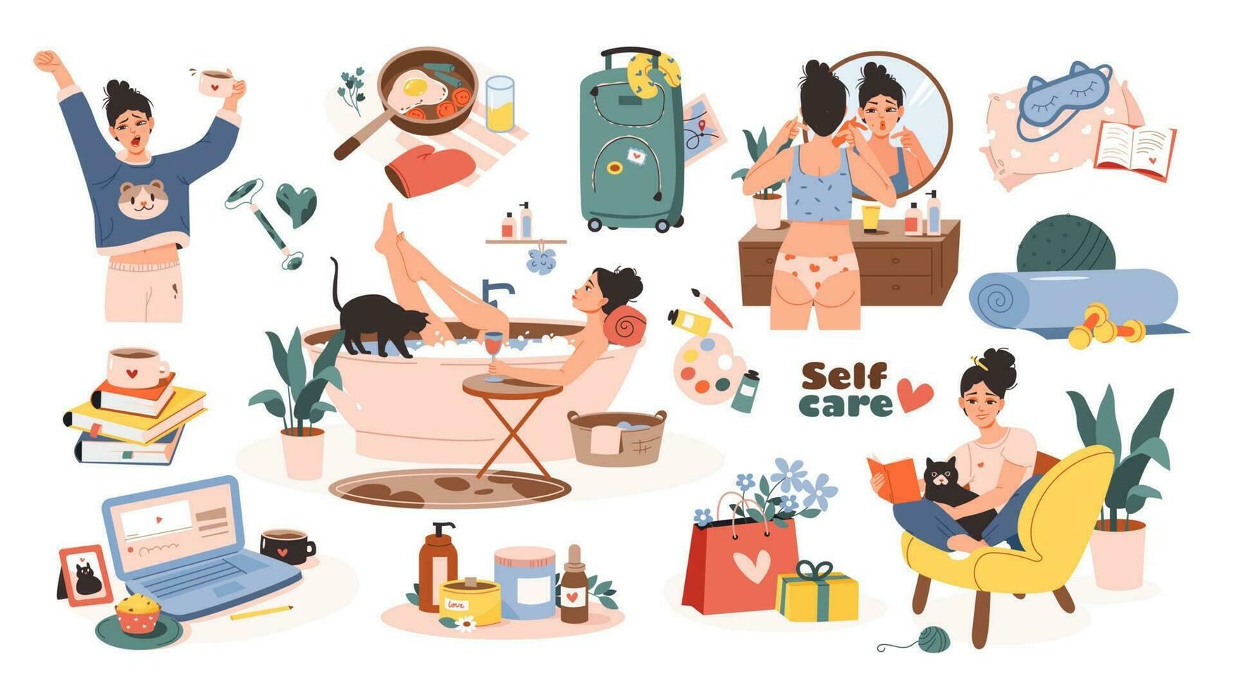 Self care. Women leisure time, relaxing bath, skin care, hobbies, reading a book, time for yourself. Daily routine. Flat cartoon vector illustration.