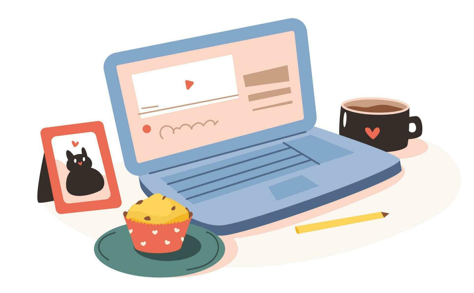 A pleasant pastime. Relaxing at home while watching videos on a laptop. Cozy home office. Flat vector illustration.