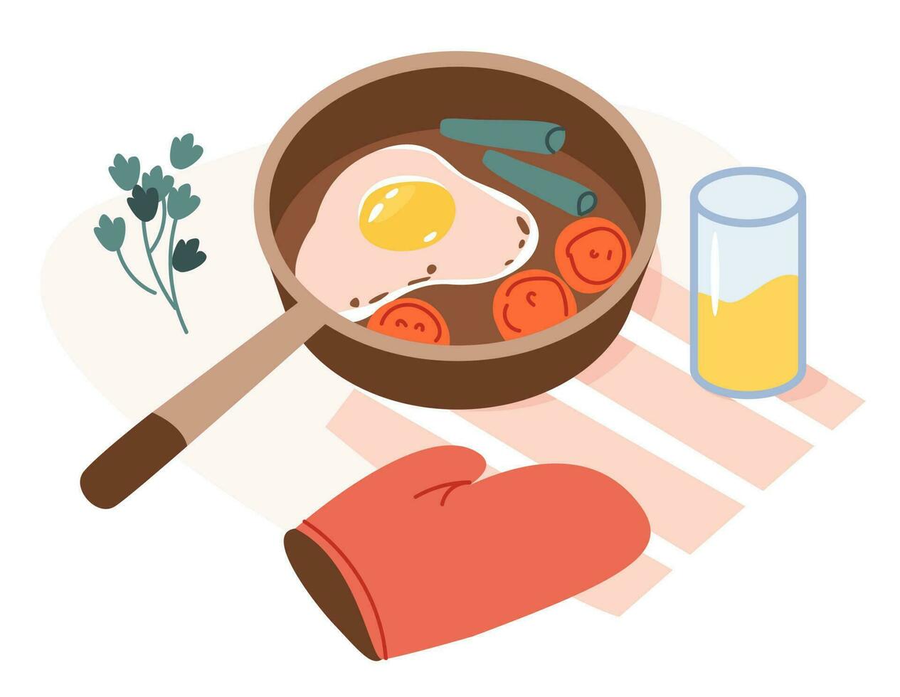 Scrambled eggs for breakfast. Frying pan with eggs and vegetables. Healthy homemade food. Flat vector illustration.