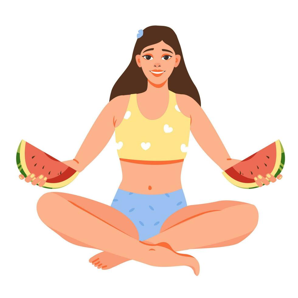 A young woman in a swimsuit eats a watermelon. Summer girl. Cartoon vector illustration