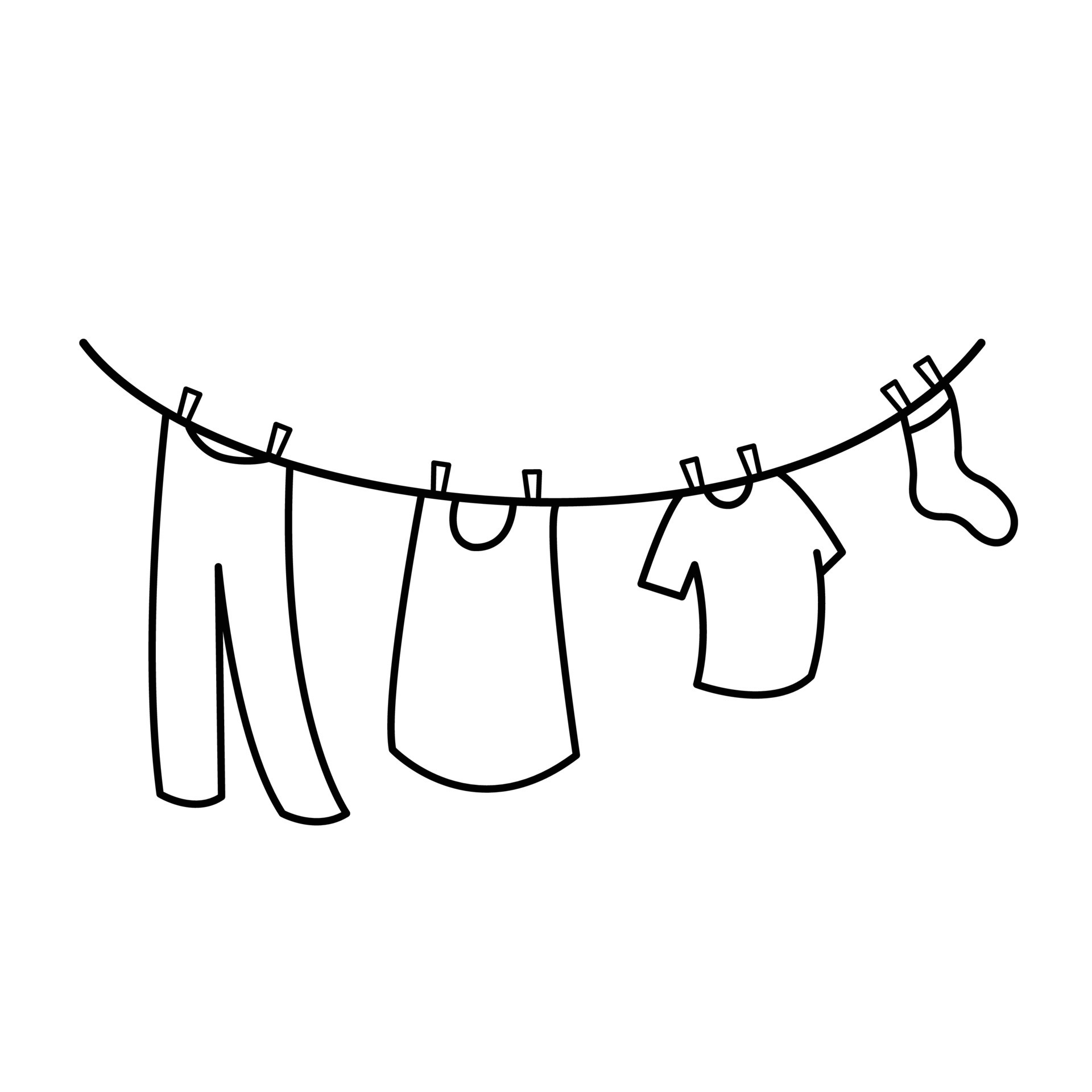 Clothesline with various type of clothing hanging and drying on it vector  icon illustration isolated. Black and white monochrome simple flat outline  icon drawing cartoon art style. 24485626 Vector Art at Vecteezy