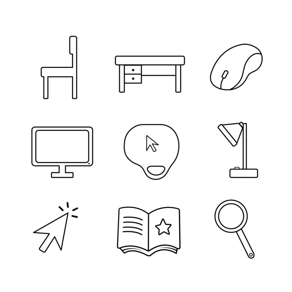 Study or workspace themed work from home vector icons set collection isolated on white square background. Simple flat outlined icon with minimalist style.
