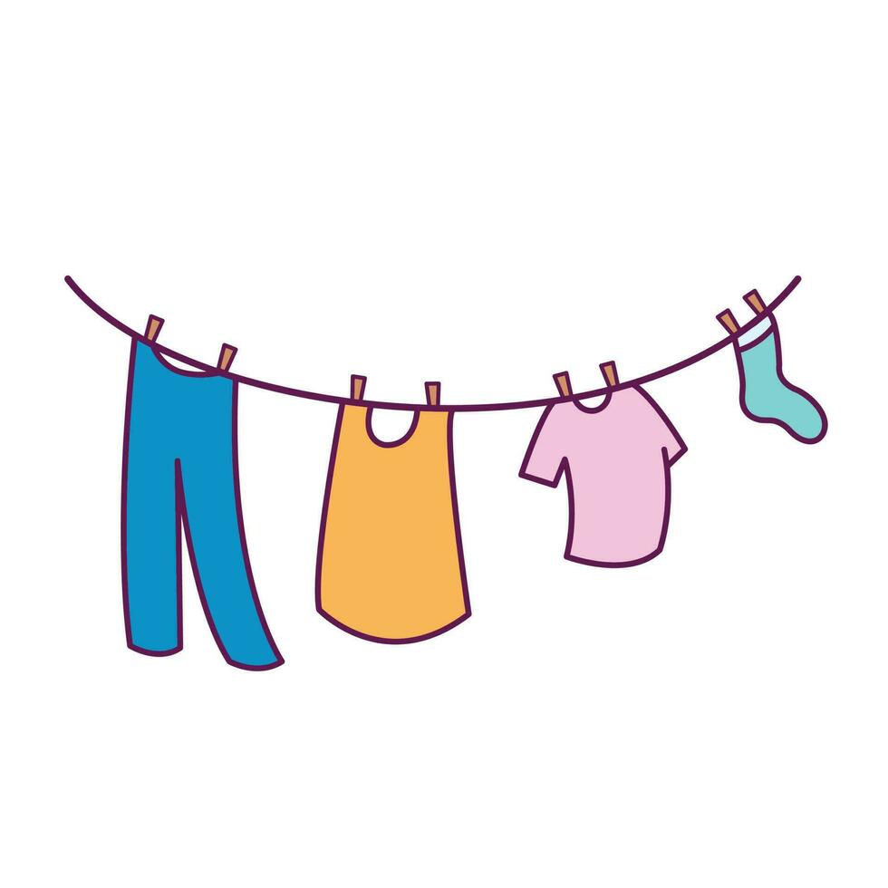 Colored simple clothesline with various type of clothing hanging and