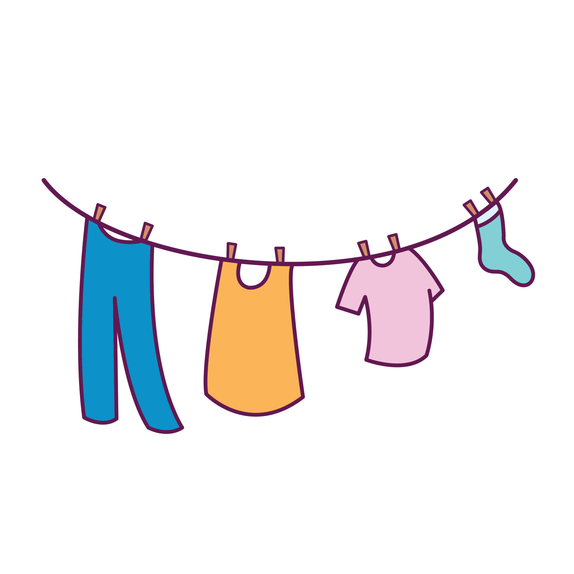 Colored simple clothesline with various type of clothing hanging and ...