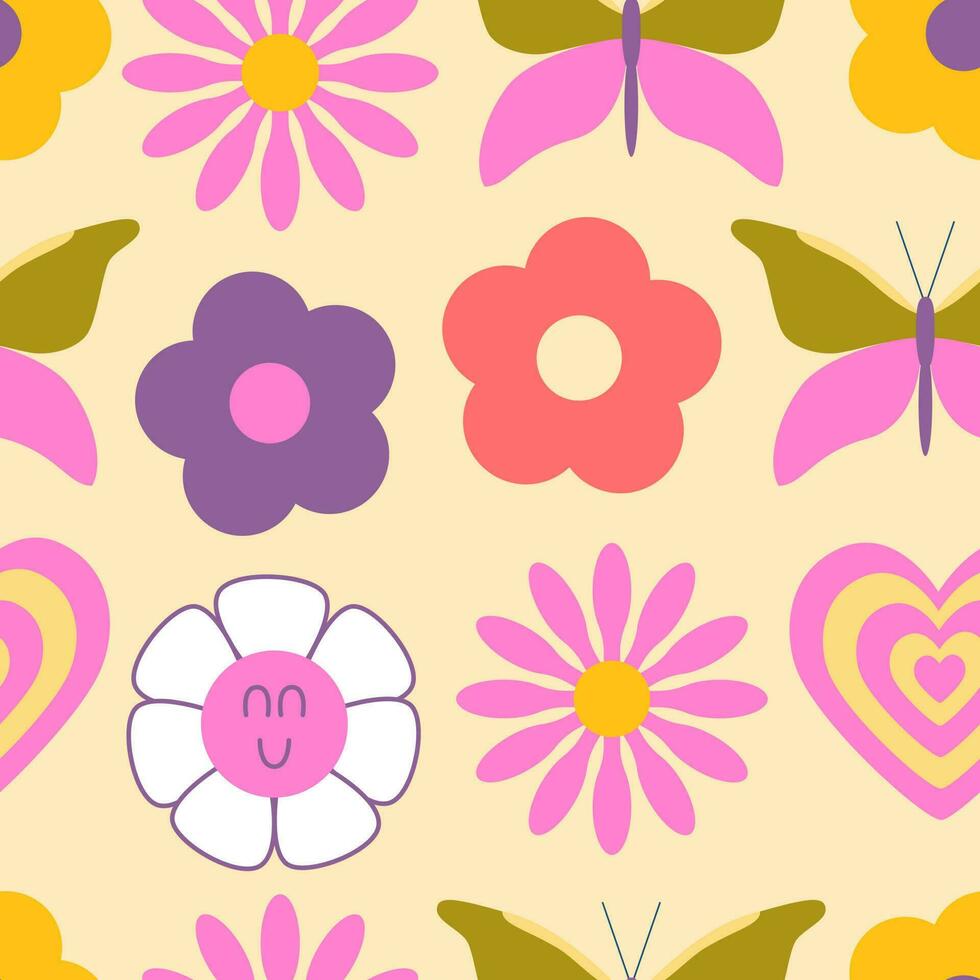 70s retro groovy hippie seamless pattern. Colorful flowers, hearts, butterflies, Y2k, 1970 good vibes, trippy. Nostalgic background, digital paper. Vector illustration.