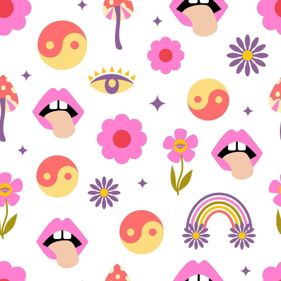 70s retro groovy hippie seamless pattern. Colorful flowers, rainbows, mushrooms, lips, Y2k, 1970 good vibes, trippy. Nostalgic background, digital paper. Vector illustration.
