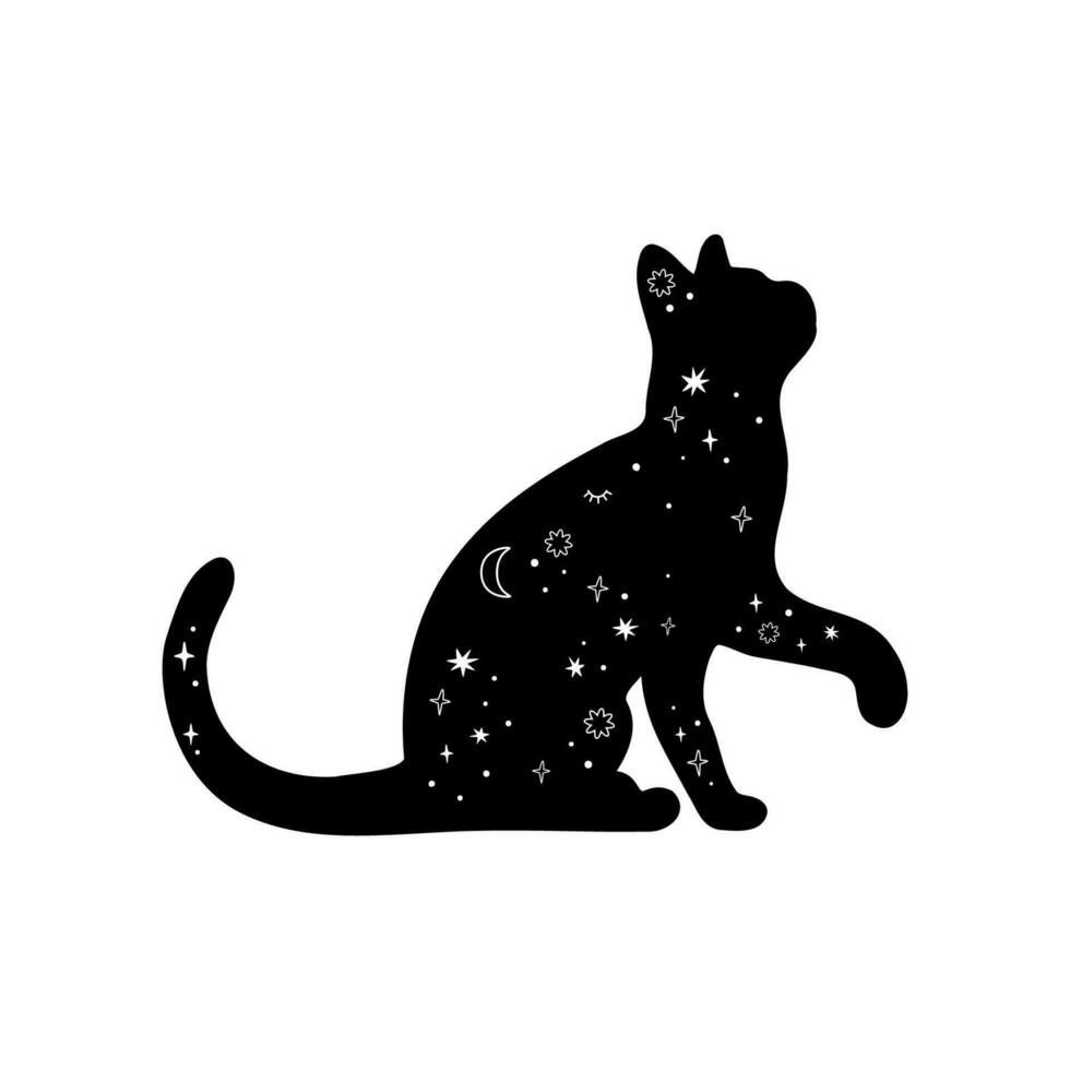 celestial negro gato con estrellas y constelaciones misterioso negro Luna gato. magia Doméstico animal silueta con estrellas, Luna. místico vector ilustración. magia celestial negro aislado elemento.