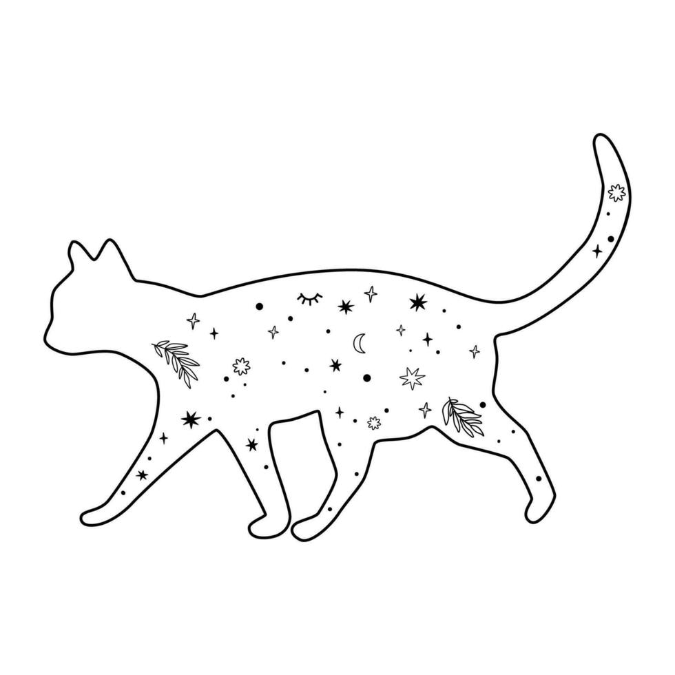 Celestial cat hand drawn in line art. Mysterious black moon cat. Magic domestic animal silhouette with stars, moon. Mystical vector illustration. Magic celestial black isolated element.