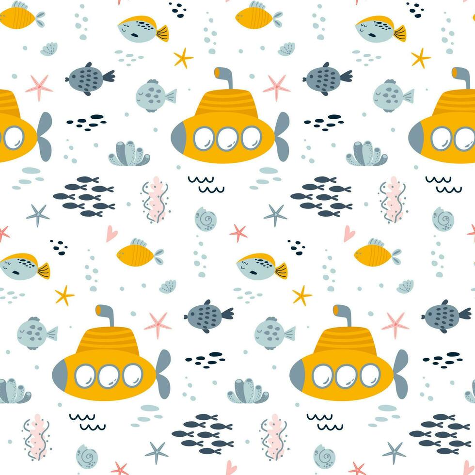 Submarine ship seamless pattern. Cute sea vector print for children. Underwater life repeat background. Ocean baby texture for fabric, textile, wallpaper, kids bedroom design. Boat illustration.