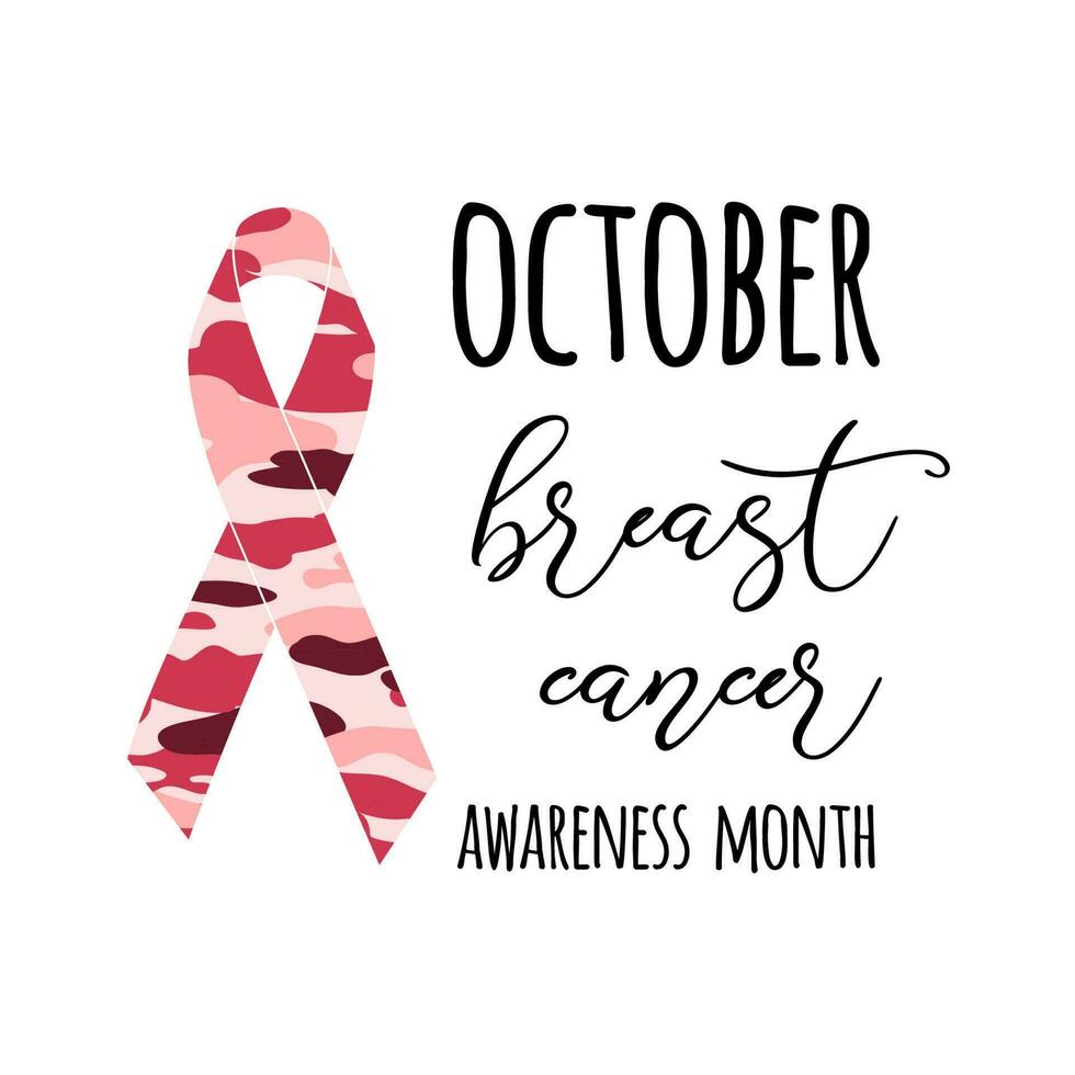 Text October breast cancer awareness month background design. Breast cancer awareness pink ribbon Vector illustration Pink camouflage ribbon Logo sign print phrase quote label word