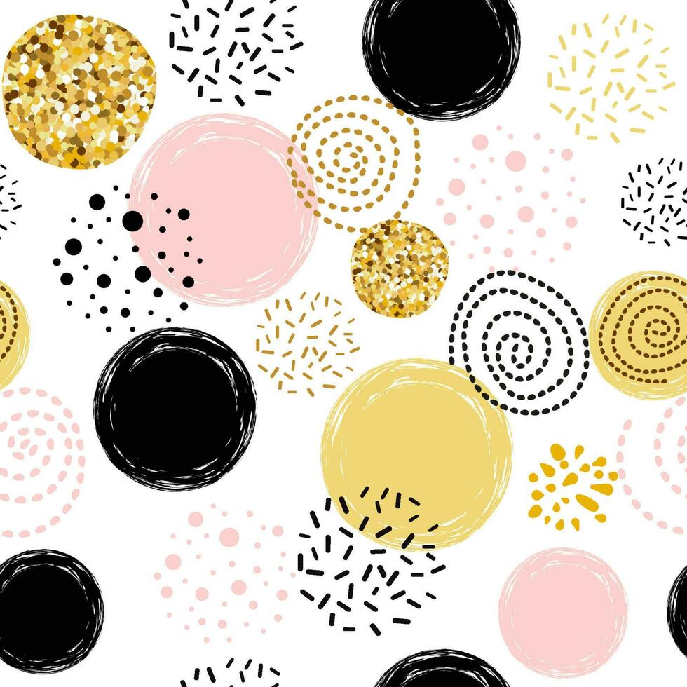 Cute seamless pattern polka dot abstract ornament decorated golden, pink, black hand drawn circles, round shapes Vector illustration for wallpaper, wrap Gold dots, sparkles, shining dots background