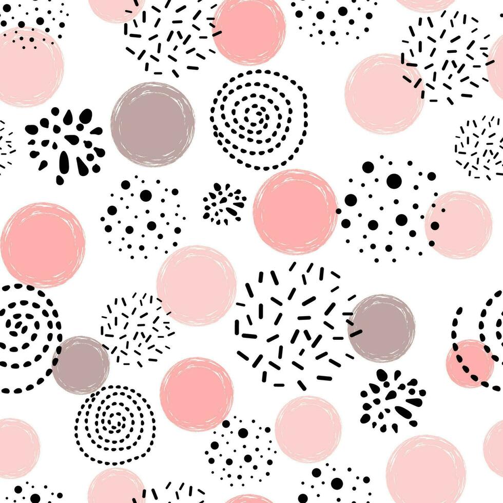 Cute seamless pattern polka dot abstract ornament decorated pink, black hand drawn circles, round shapes Vector illustration for wallpaper, wrap Gold dots, sparkles, shining dots background