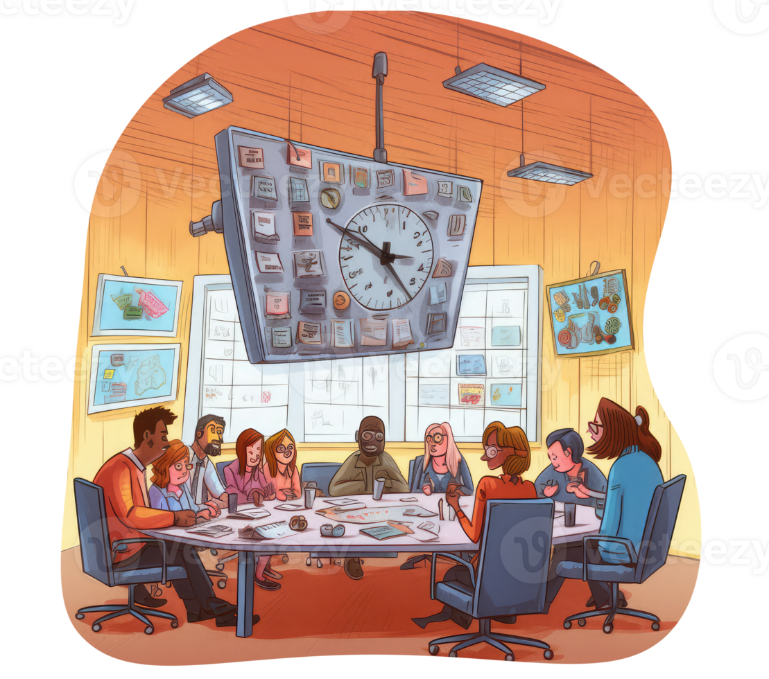 concept of effective meetings, with a diverse group of people collaborating at a modern conference table, a clear agenda displayed on a presentation screen, and a digital timer counting . png