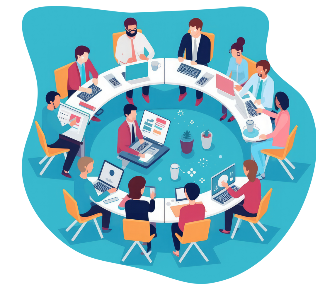 A group of professionals working together at a table or using digital collaboration and communication tools to efficiently manage project . png