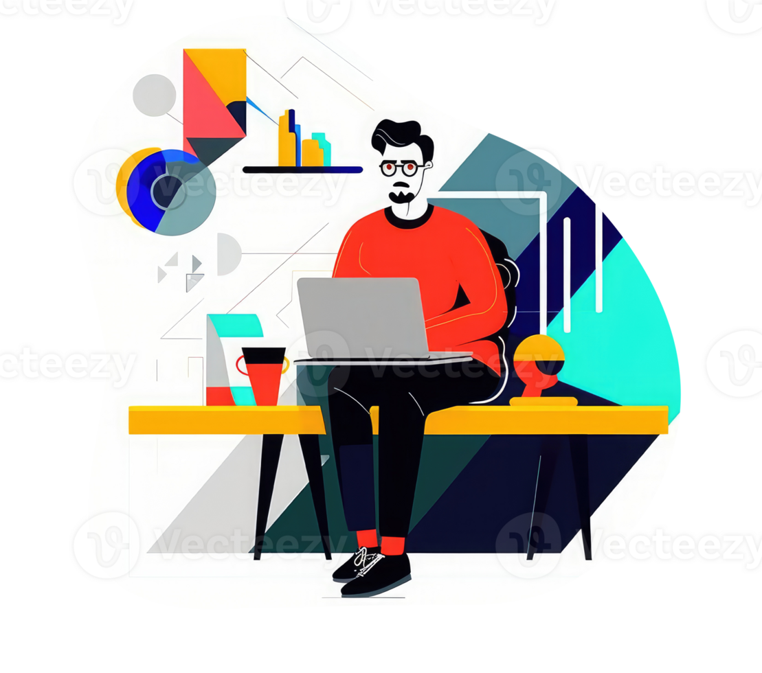 a man sitting on a table working with a laptop . png