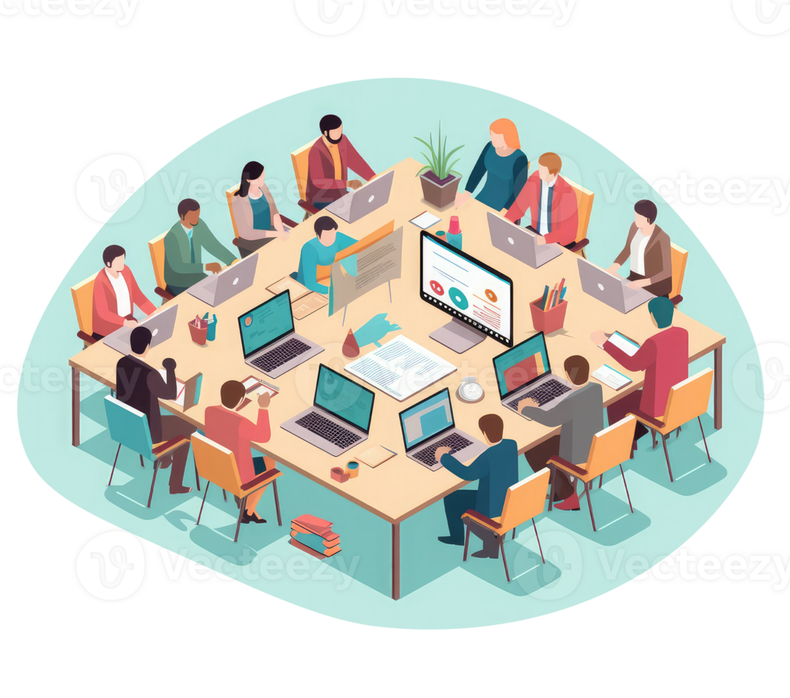 uma grupo do profissionais trabalhando juntos às uma mesa ou usando digital colaboração e comunicação Ferramentas para eficientemente gerir projeto . ai gerado png