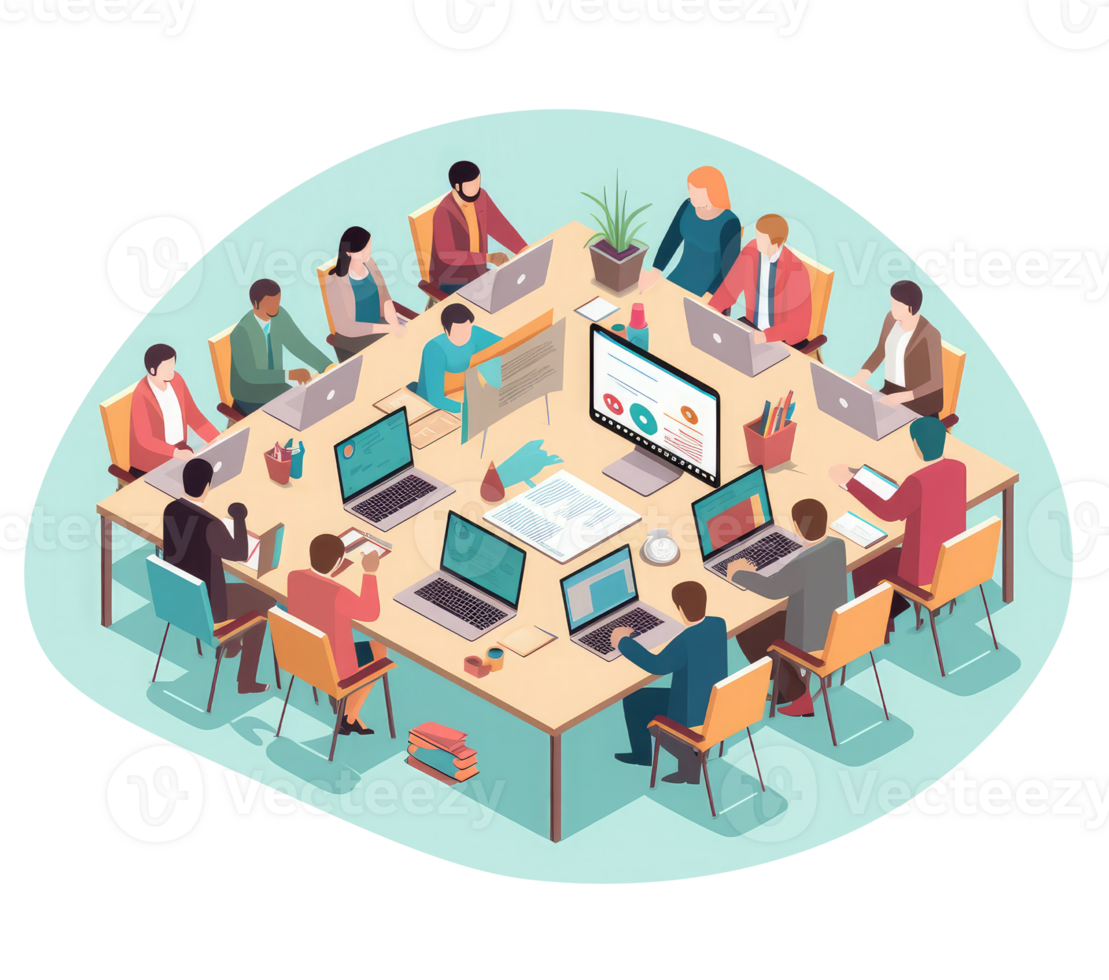 A group of professionals working together at a table or using digital collaboration and communication tools to efficiently manage project . png