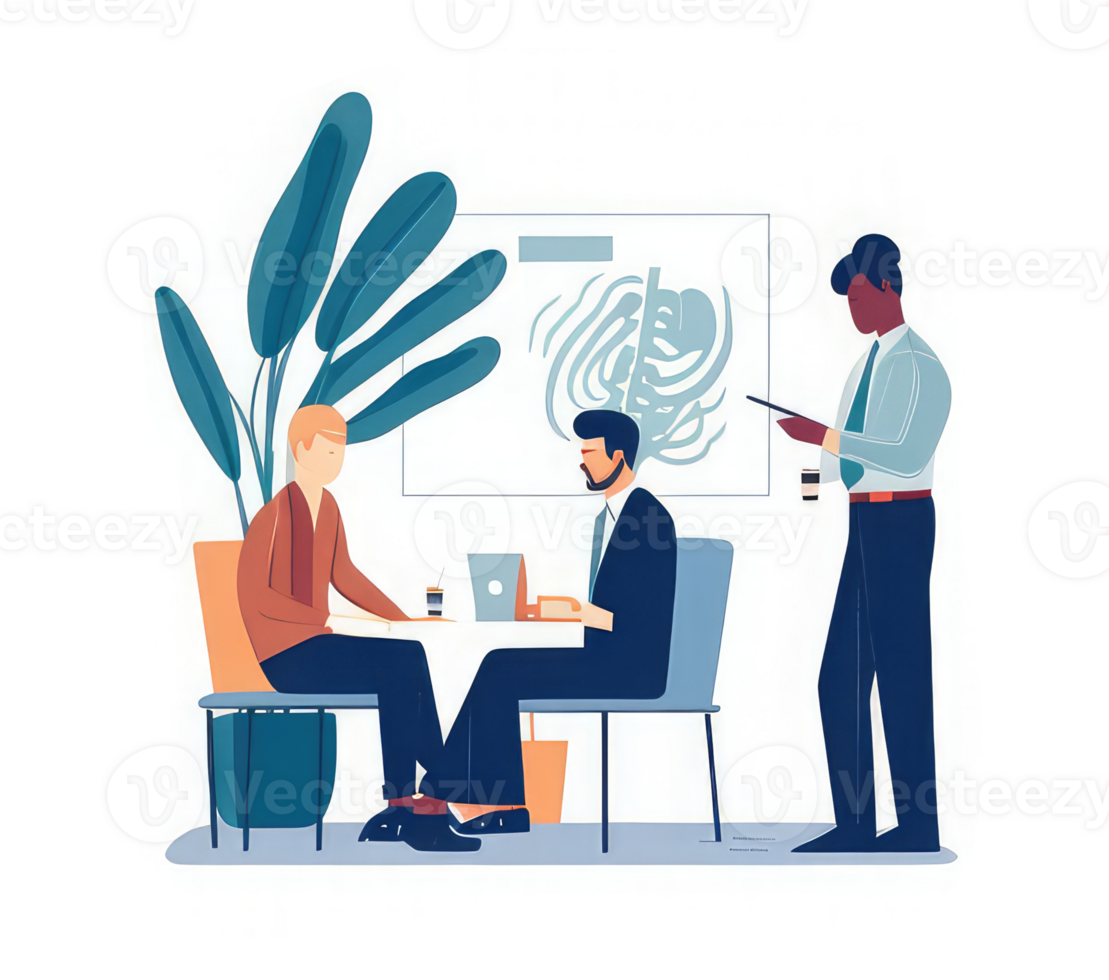People working in the office, sitting at the desk, standing around . png