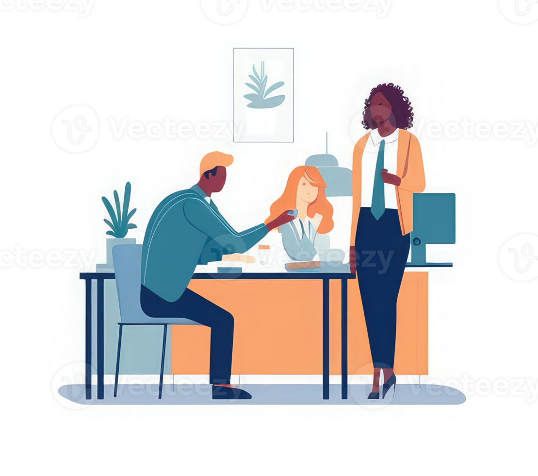 People working in the office, sitting at the desk, standing around . png