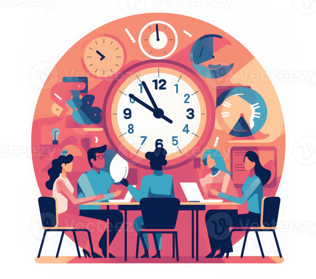 concept of effective meetings, with a diverse group of people collaborating at a modern conference table, a clear agenda displayed on a presentation screen, and a digital timer counting . png