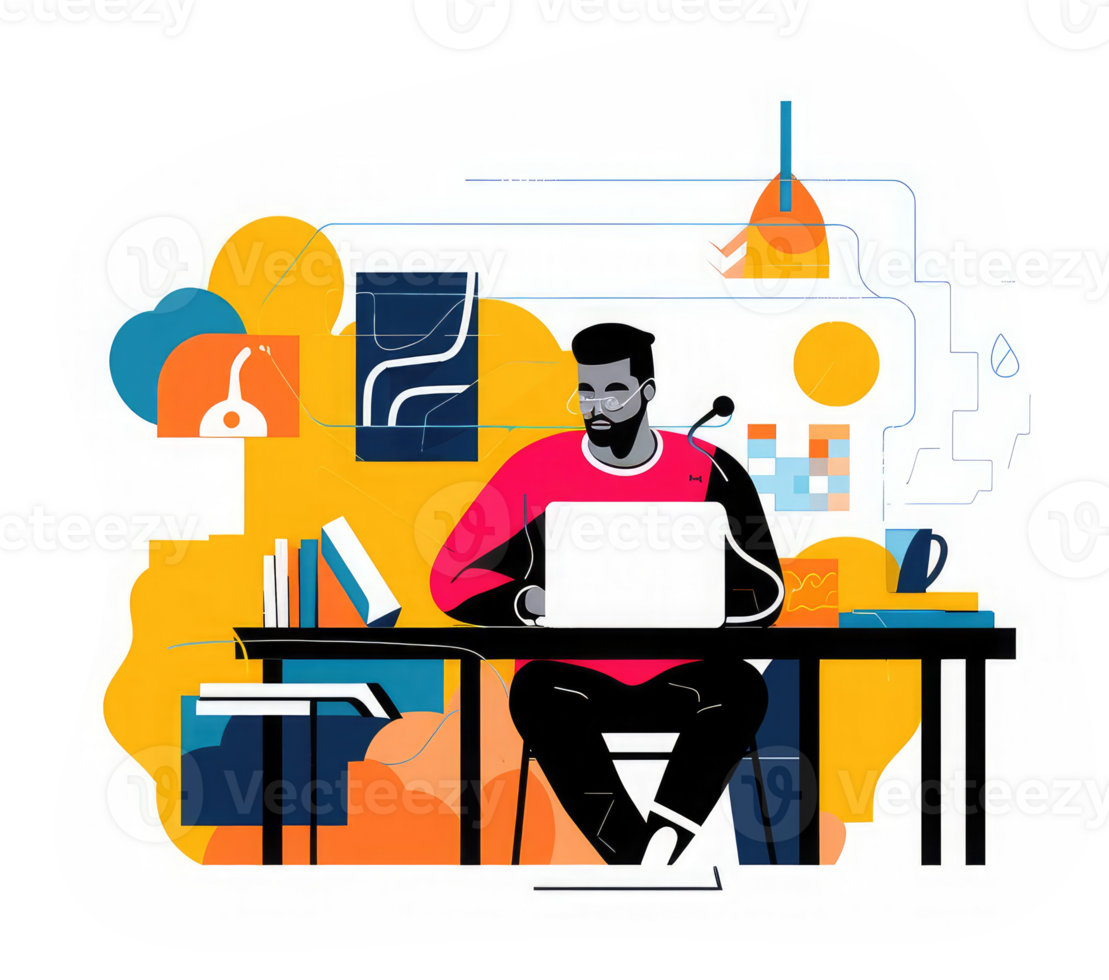 a man sitting on a table working with a laptop . png