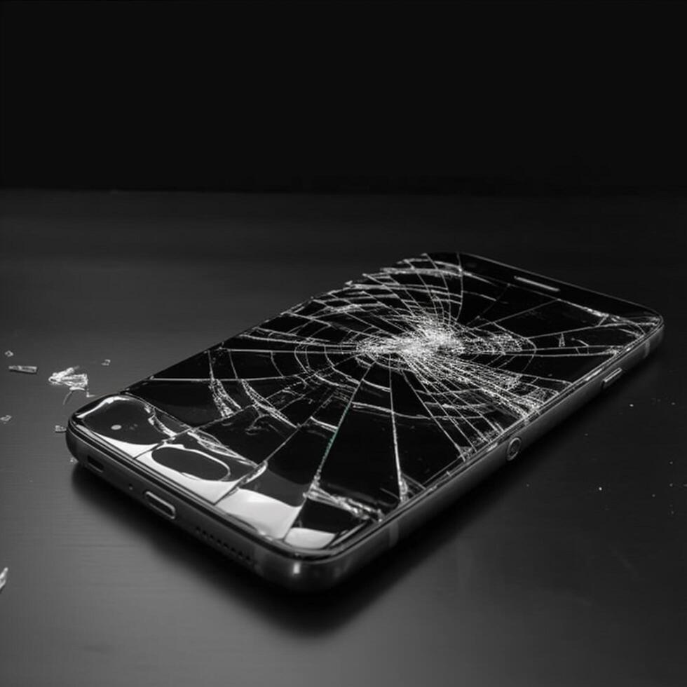 Broken glass touch screen on a dark background photo