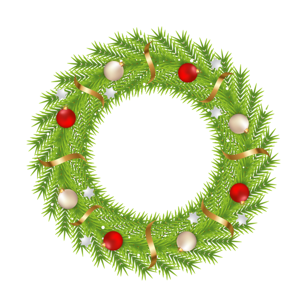Christmas door decoration elements with a luxurious green wreath with the red and white color ball. 3D wreath design with snowflake and ribbon. Realistic 3D wreath design with calligraphy. png