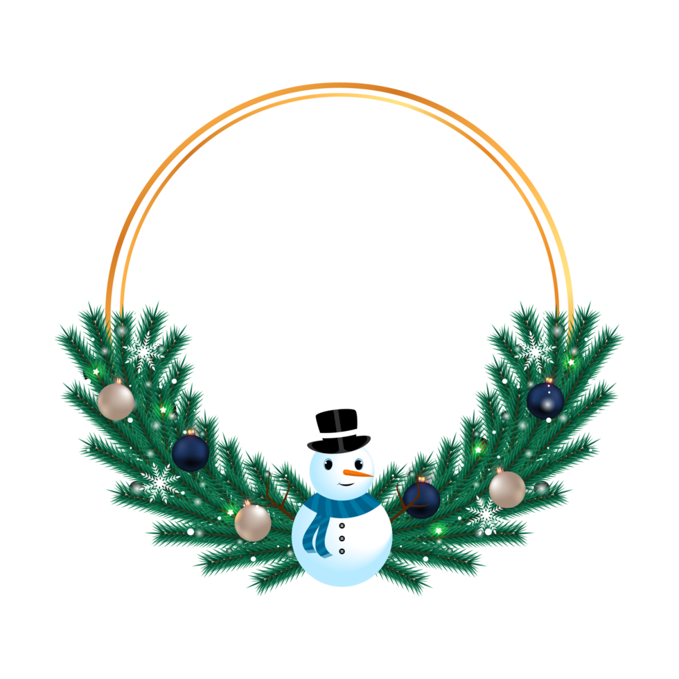 xmas frame met groene bladeren en een schattige sneeuwpop. kerstframe met blauwe en witte decoratiebal. kerst blauwe bal, xmas frame, groene bladeren, sneeuwvlokken, decoratie bal, sneeuwpop, grijze bal. png
