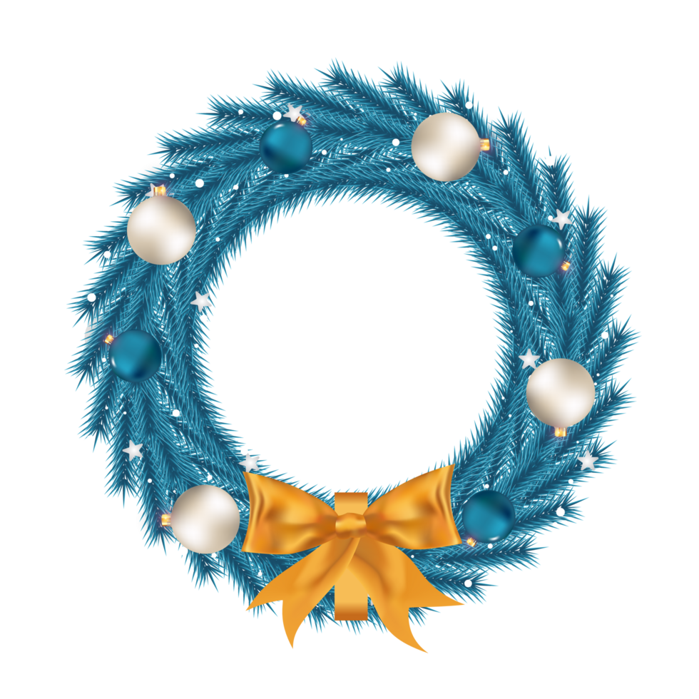 kerst ijs kleur krans ontwerp met witte en blauwe kleur decoratieve ballen. blauw gekleurd kransontwerp met stervormige lichten en een gouden lint. kerstkransontwerp met witte kleurkalligrafie png