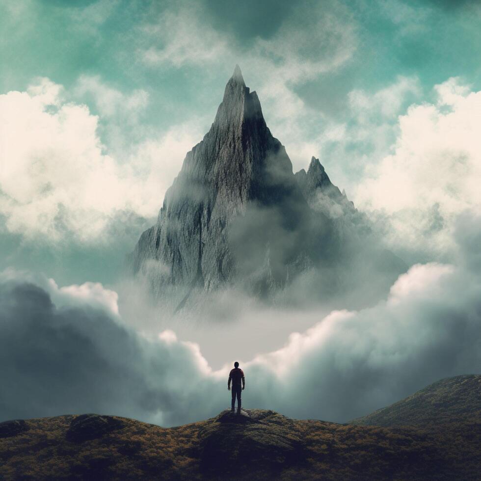 a man stands in front of a mountain with a sky photo
