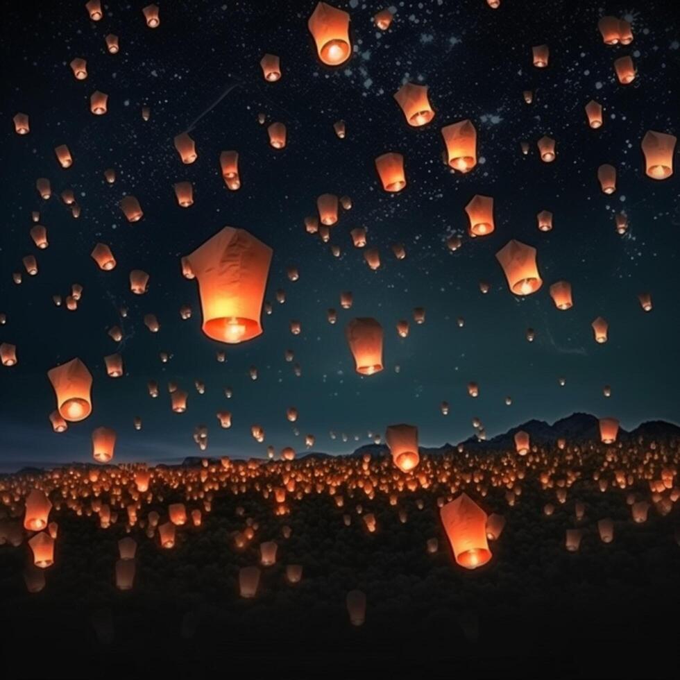 Night sky full filled with flying chinese lantern photo