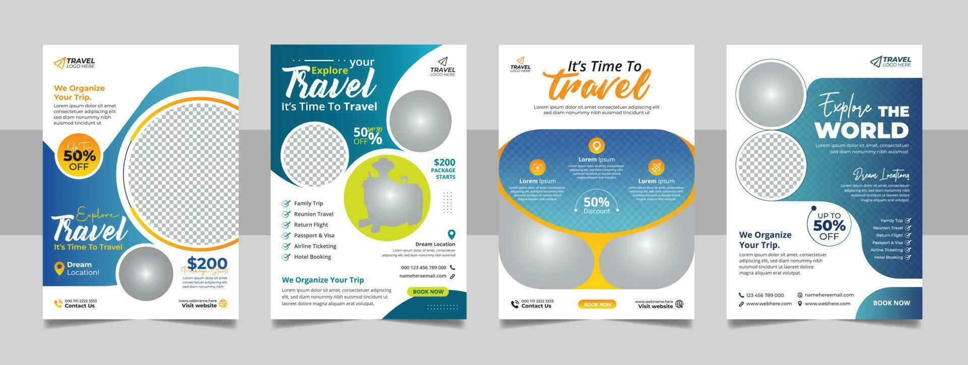 Holiday vacation travel flyer explore the world poster template set vector