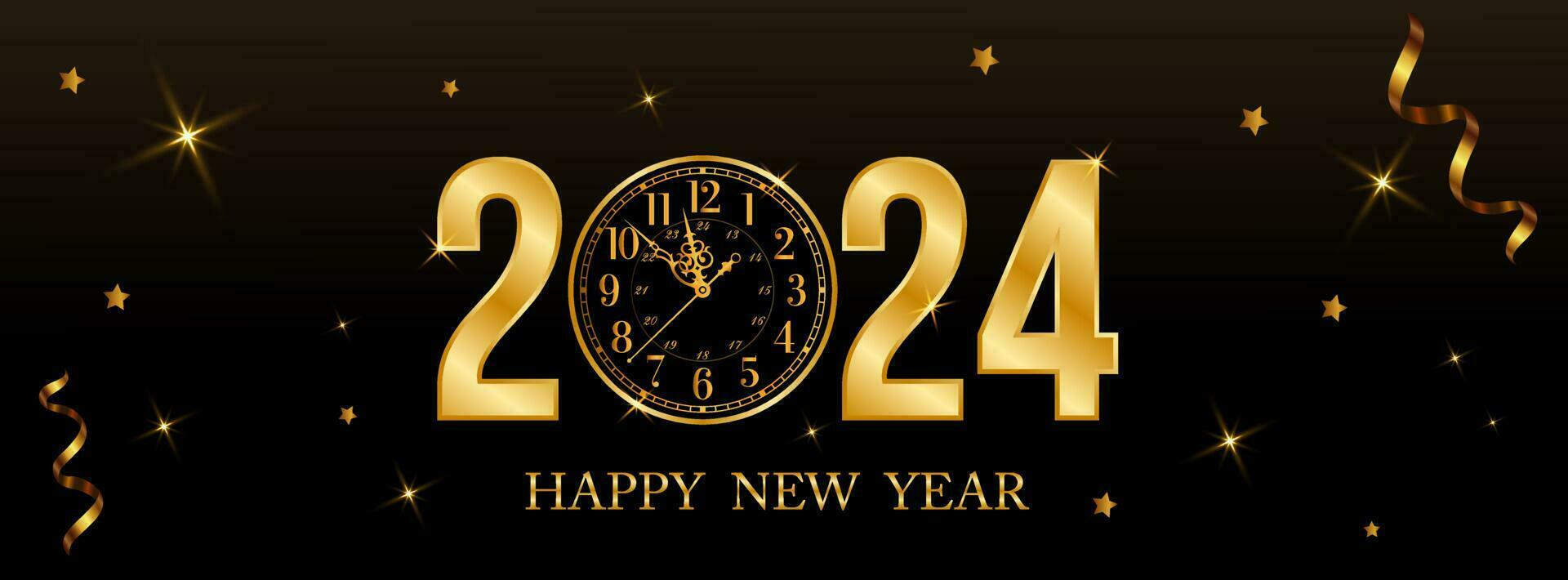 2024 Happy new year with Golden Texture Numbers, clock and light. vector