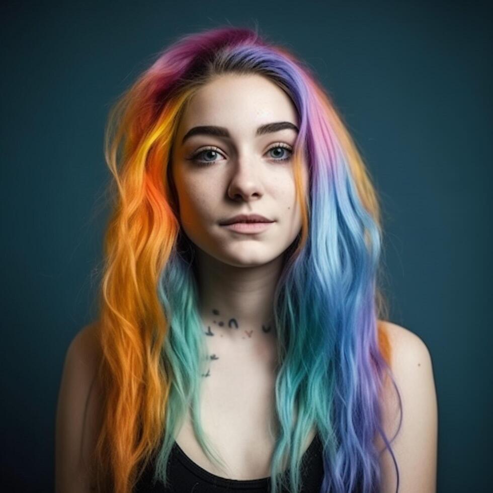 niña con arco iris pelo en azul antecedentes ai generado foto