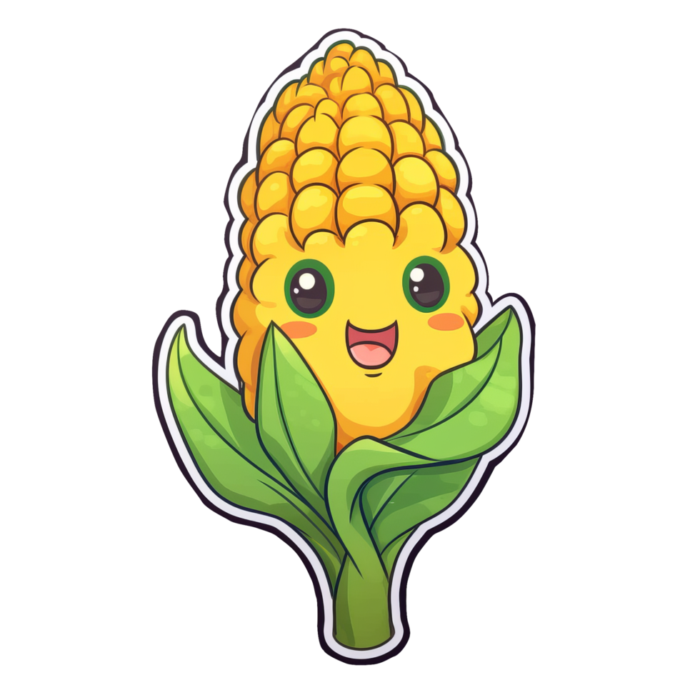 Happy smiling yellow corn face cartoon character, funny cute vegetable sticker color personage icon isolated on transparent background, healthy organic vegan diet food . png