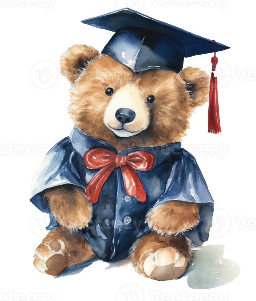 Graduation Bear Wearing a Graduation Cap Watercolor, End of School, Isolated Object, png