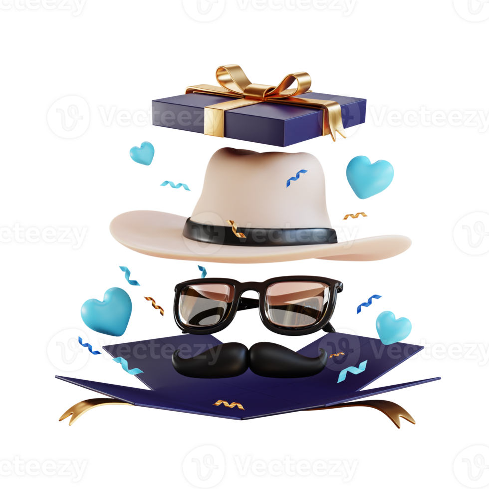 happy father's day 3d illustration with hat tie mustache eyeglasses png