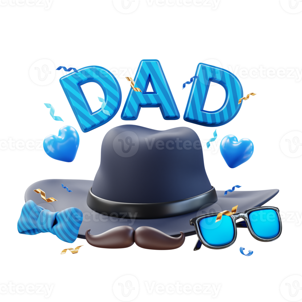 happy father's day 3d illustration with hat tie mustache eyeglasses png