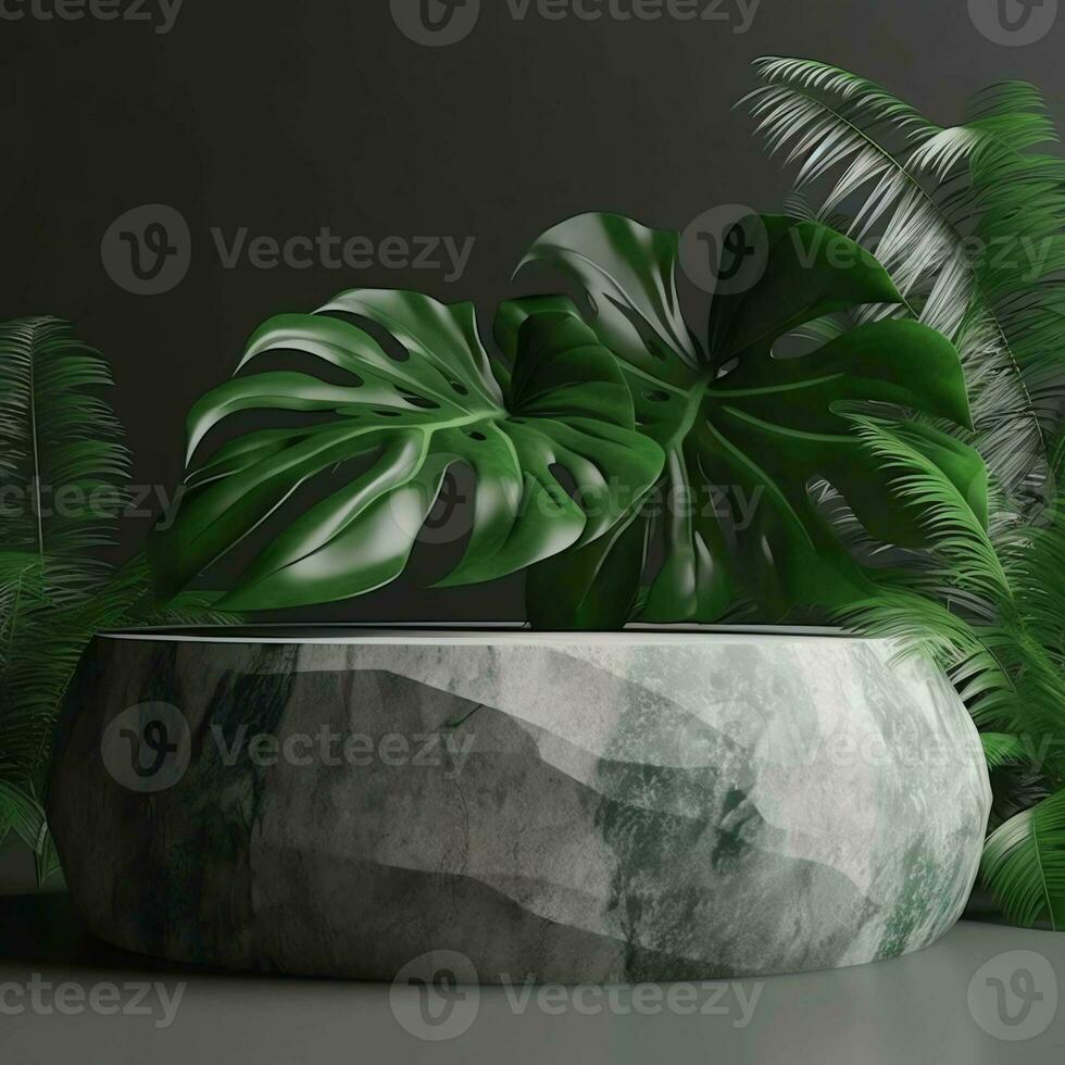 empty stone podium with nature tropical leaves photo